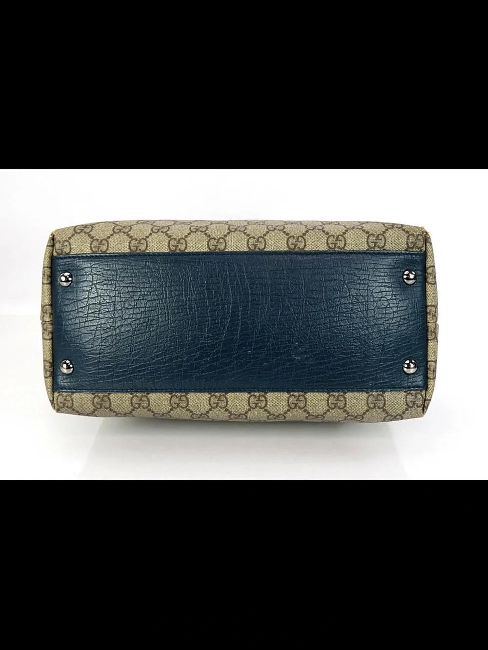 Gucci Beige GG Canvas Tote with Blue Leather Handles